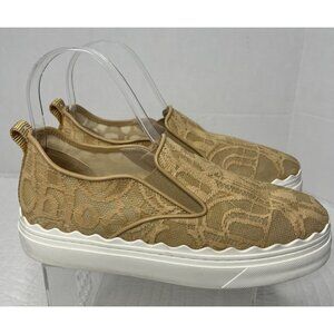 Chloe Tan Lace Logo Slip-On Sneakers Womens SZ 7 Canvas & Rubber Sole Casual